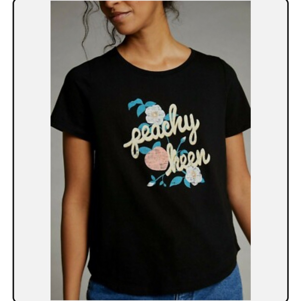 Anthropologie Women’s Black Janinie Lecour Peachy Keen Graphic T-Shirt, Large